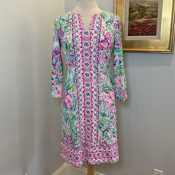 Lilly Pulitzer Nadine UPF 50+ Dress Small Multi Pink Green Print Resort Shift - Picture 1 of 9